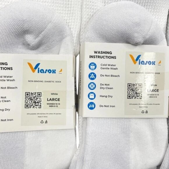 4 Pair Viasox Diabetic White Stretch Crew Socks Men's 9-12 Women's 10-13 Large L - Picture 3 of 3
